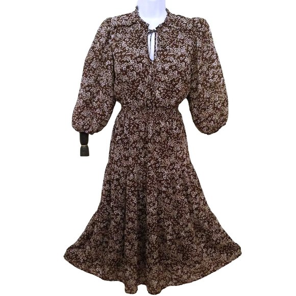 Vintage 90s Flower&Feather Prairie Dress -L Floral Tiered Ruffles Keyhole Brown - Picture 1 of 11